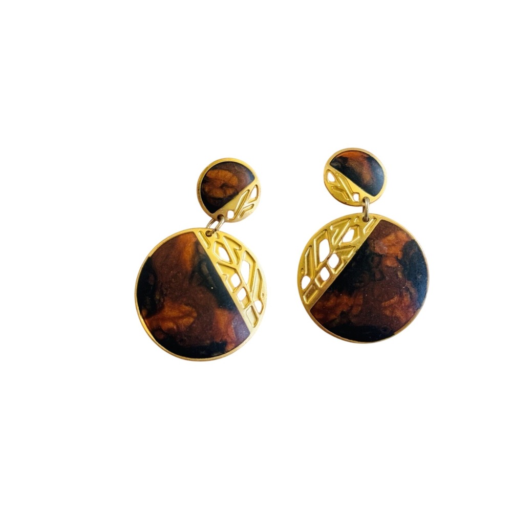 Berebi Earrings VTG Pierced Rare Dangle Statement Earthy Enamel Gold Tone Ornate
